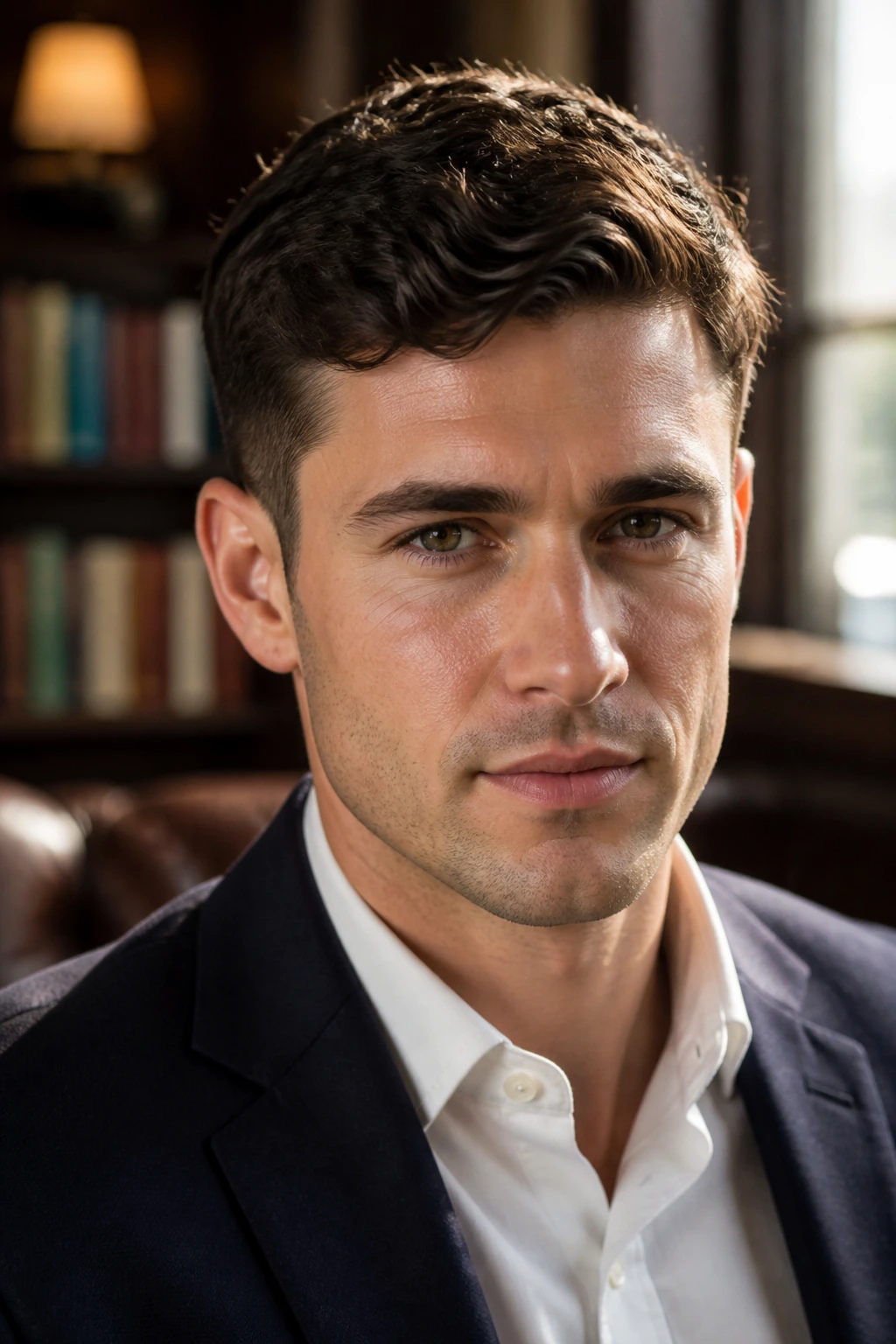 Portrait of a man with a textured Ivy League haircut in a library-like office setting.
