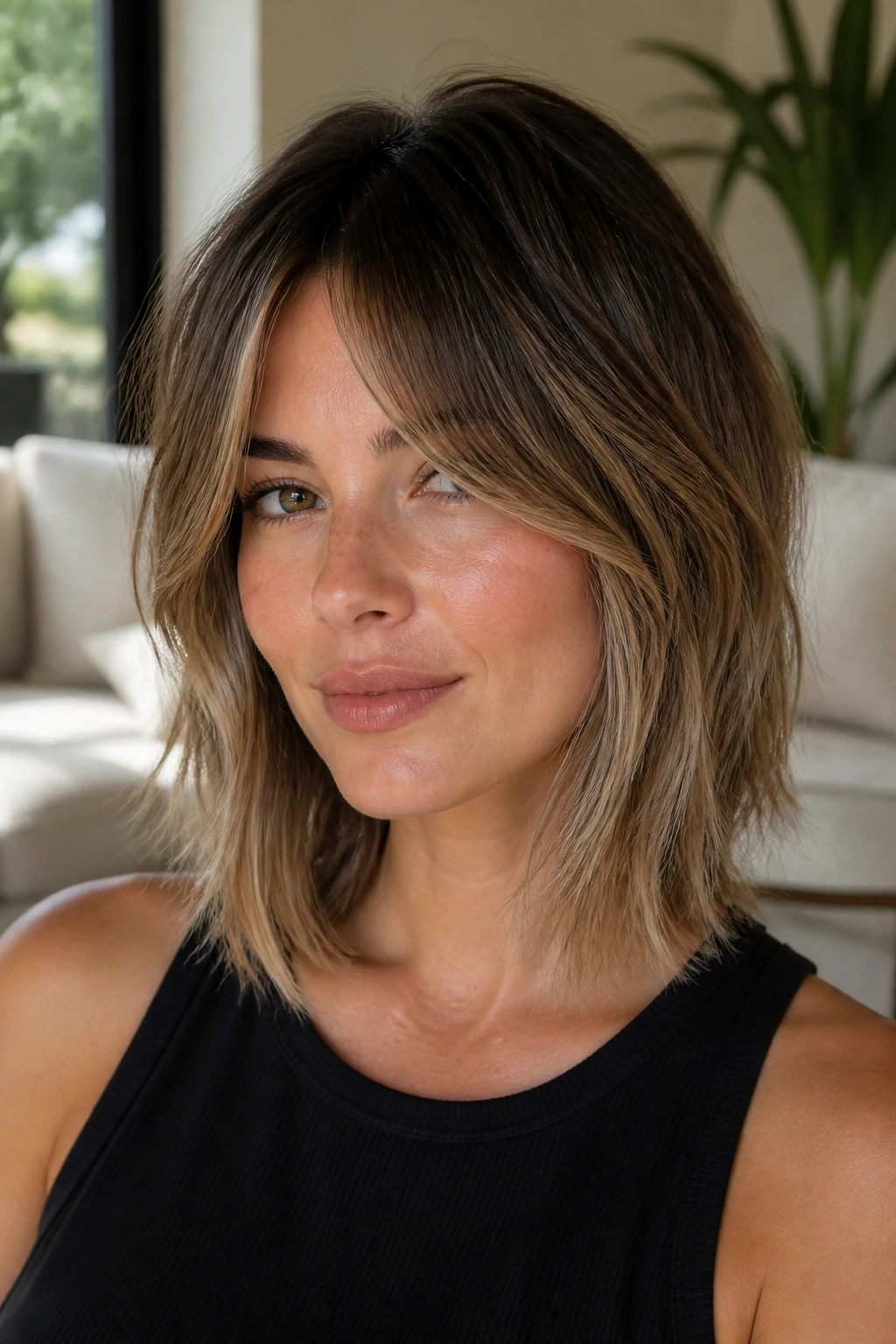 Portrait of a woman with textured lob and curtain bangs, feathered ends and volumized frame