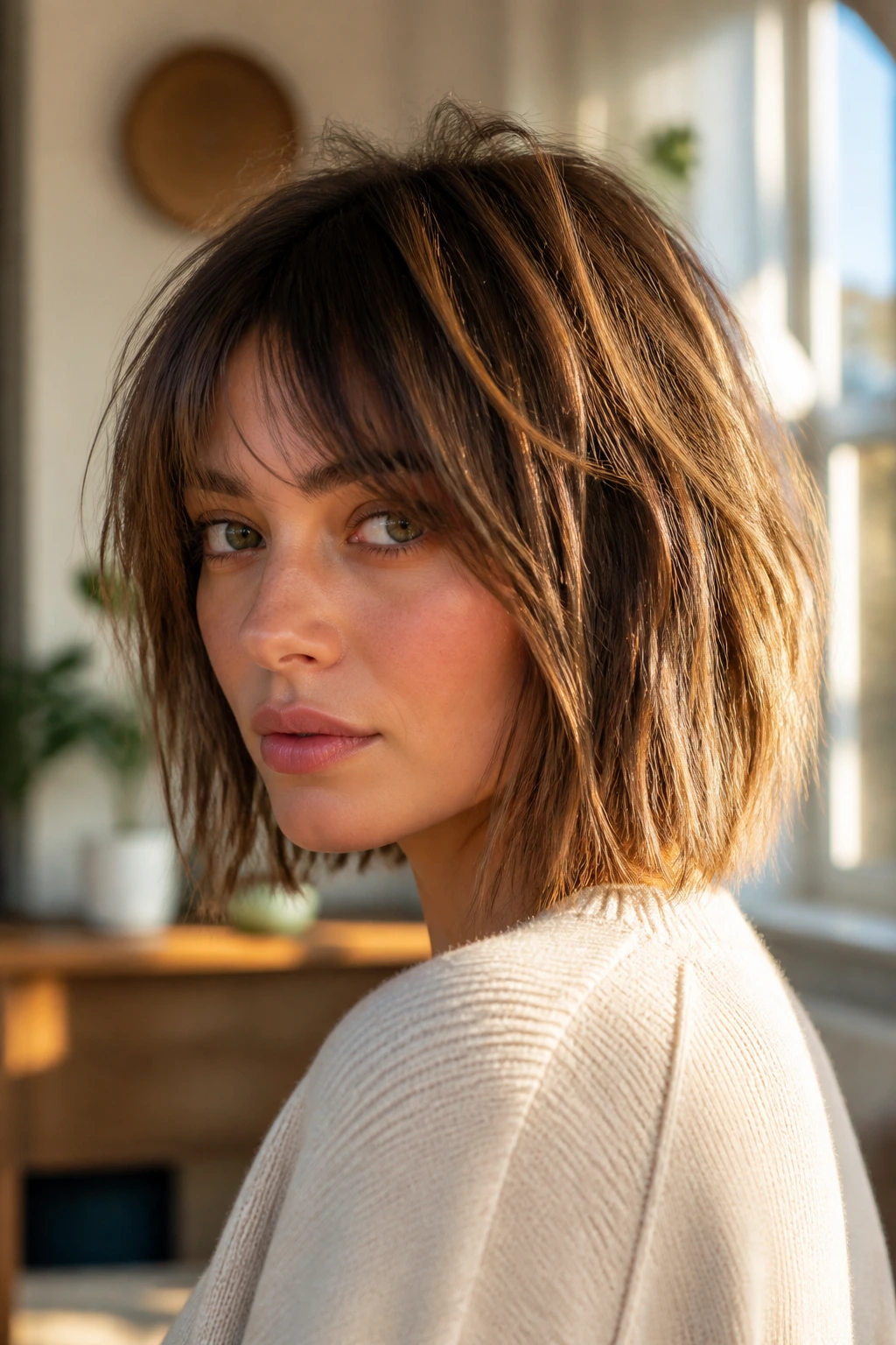 Close-up portrait of a real woman with a multi-textured lob featuring blunt back, feathered sides, and layered crown.