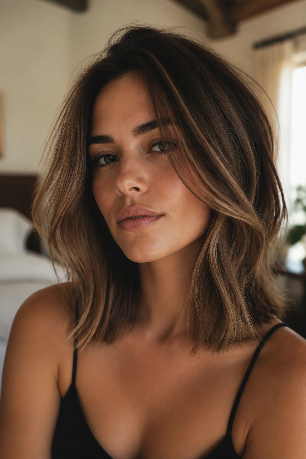 Close-up of a real woman with a shoulder-grazing textured lob and soft face-framing layers.