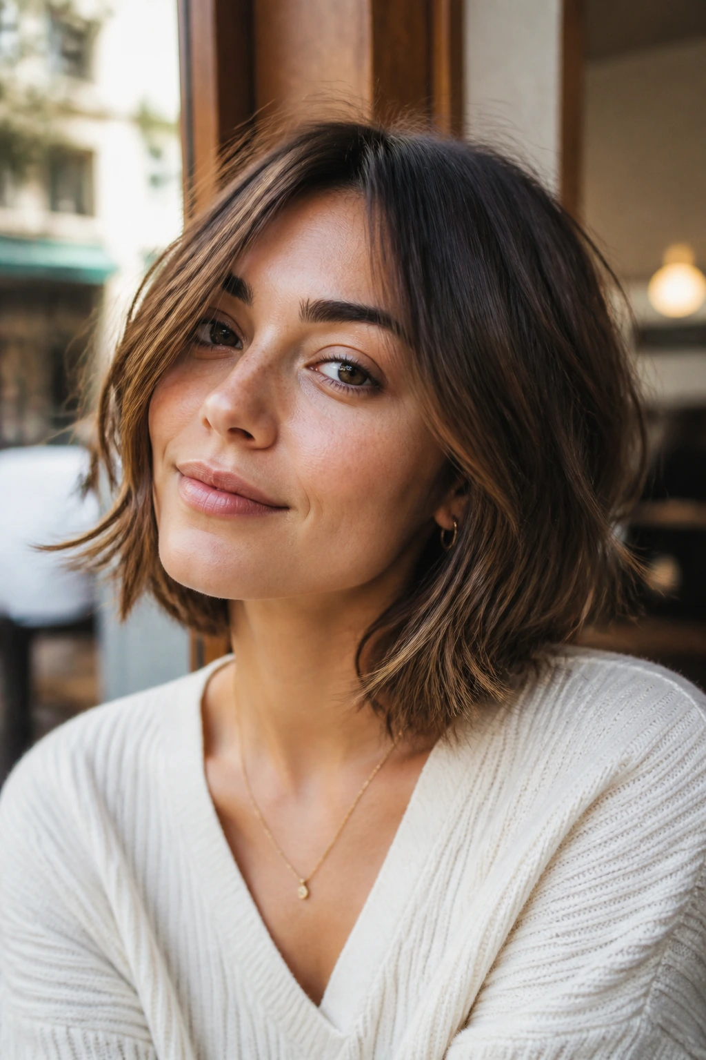 Close-up portrait of a real woman with textured long bob in warm cafe light