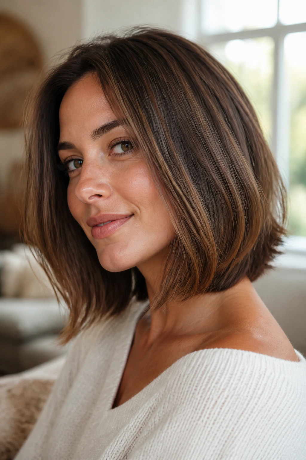 Close-up portrait of a woman with a textured long bob with minimal layers in a sunny living room