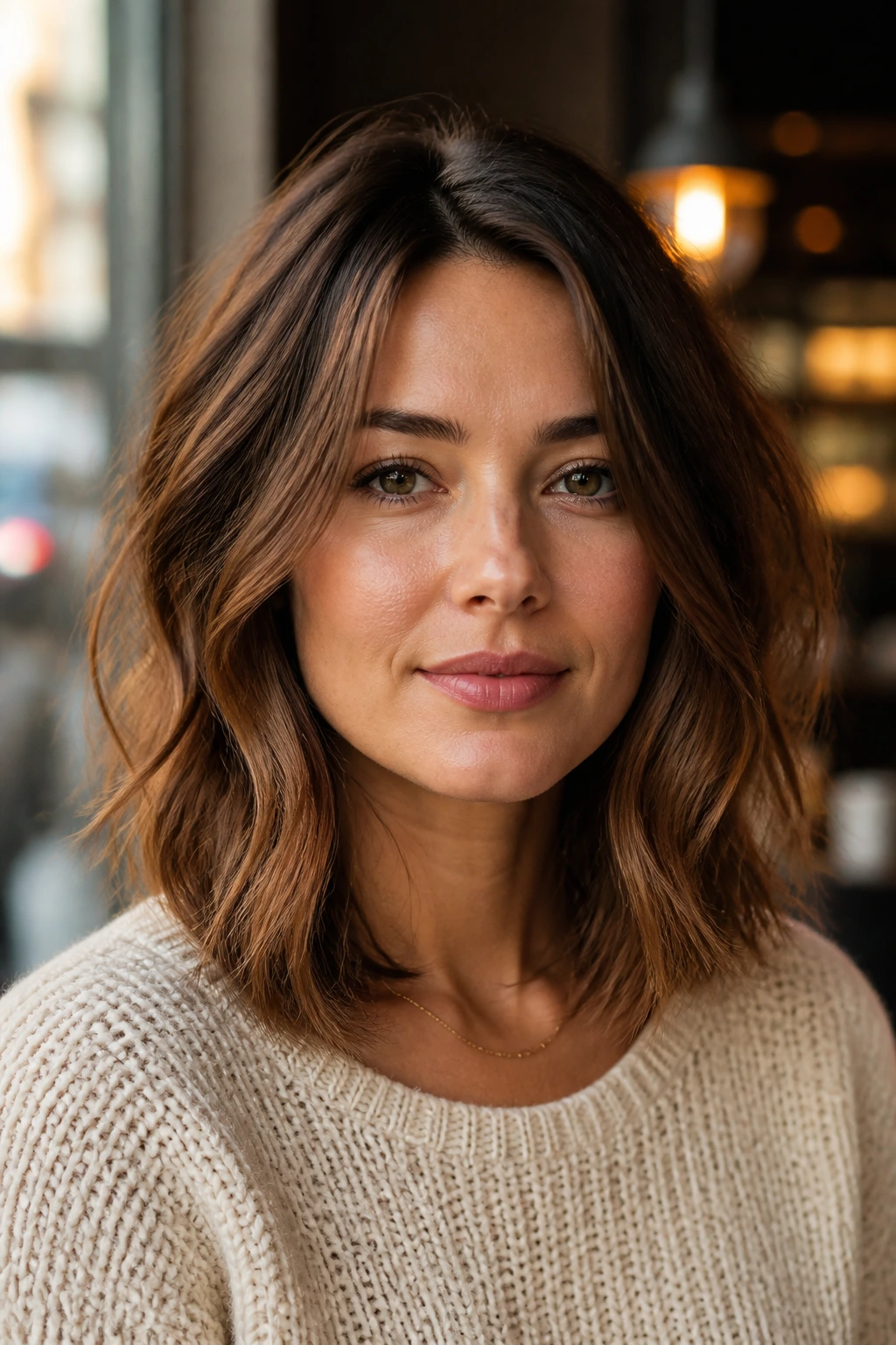 Close-up of textured shoulder-length lob with subtle layers