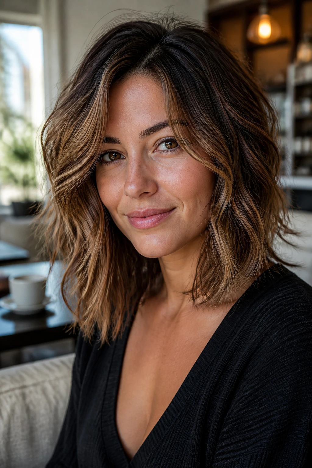 Portrait of a woman with a textured lob and soft layers on wavy hair