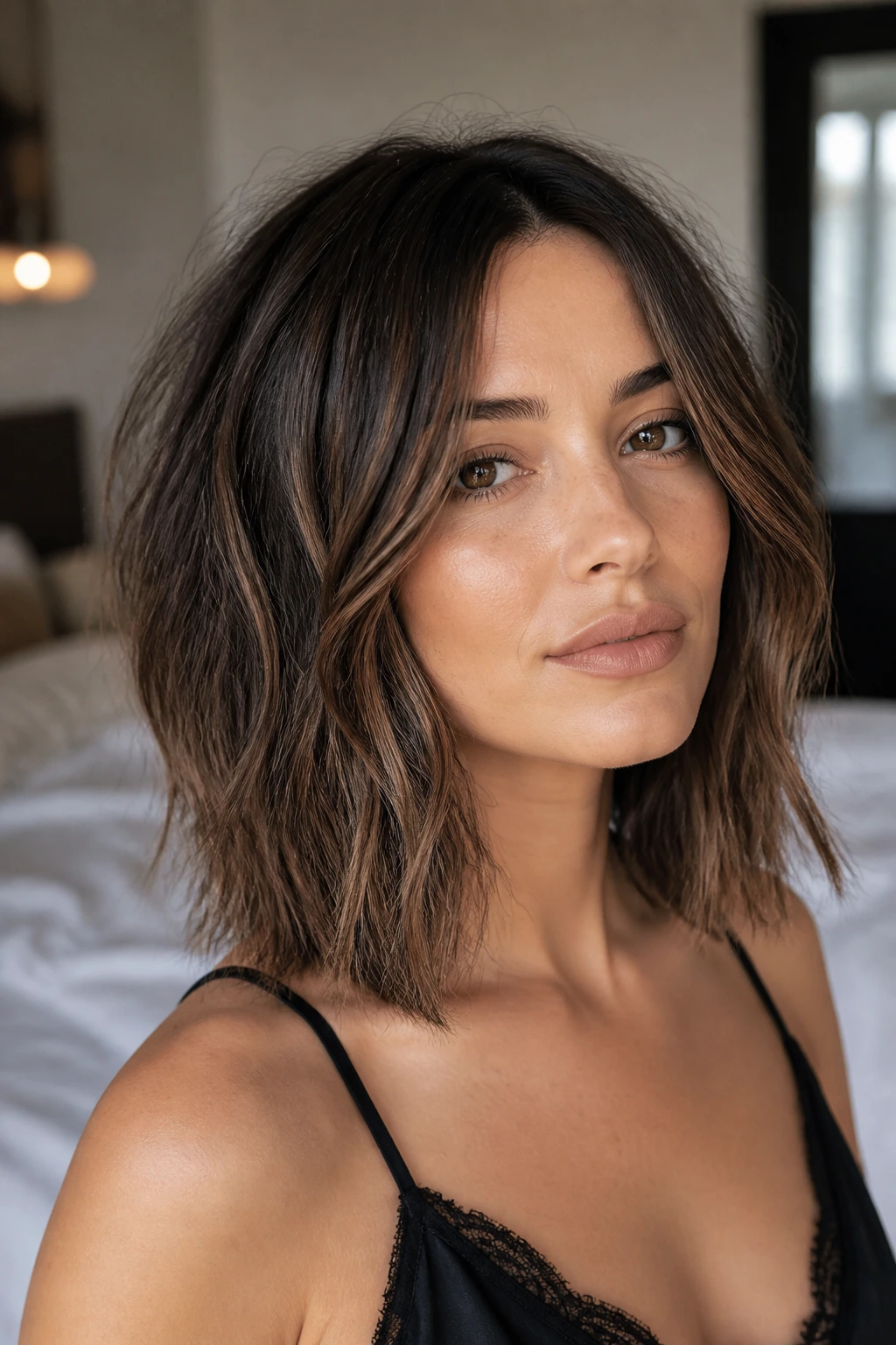 Close up of a real woman with a shoulder-length undone textured lob hairstyle in a cozy bedroom