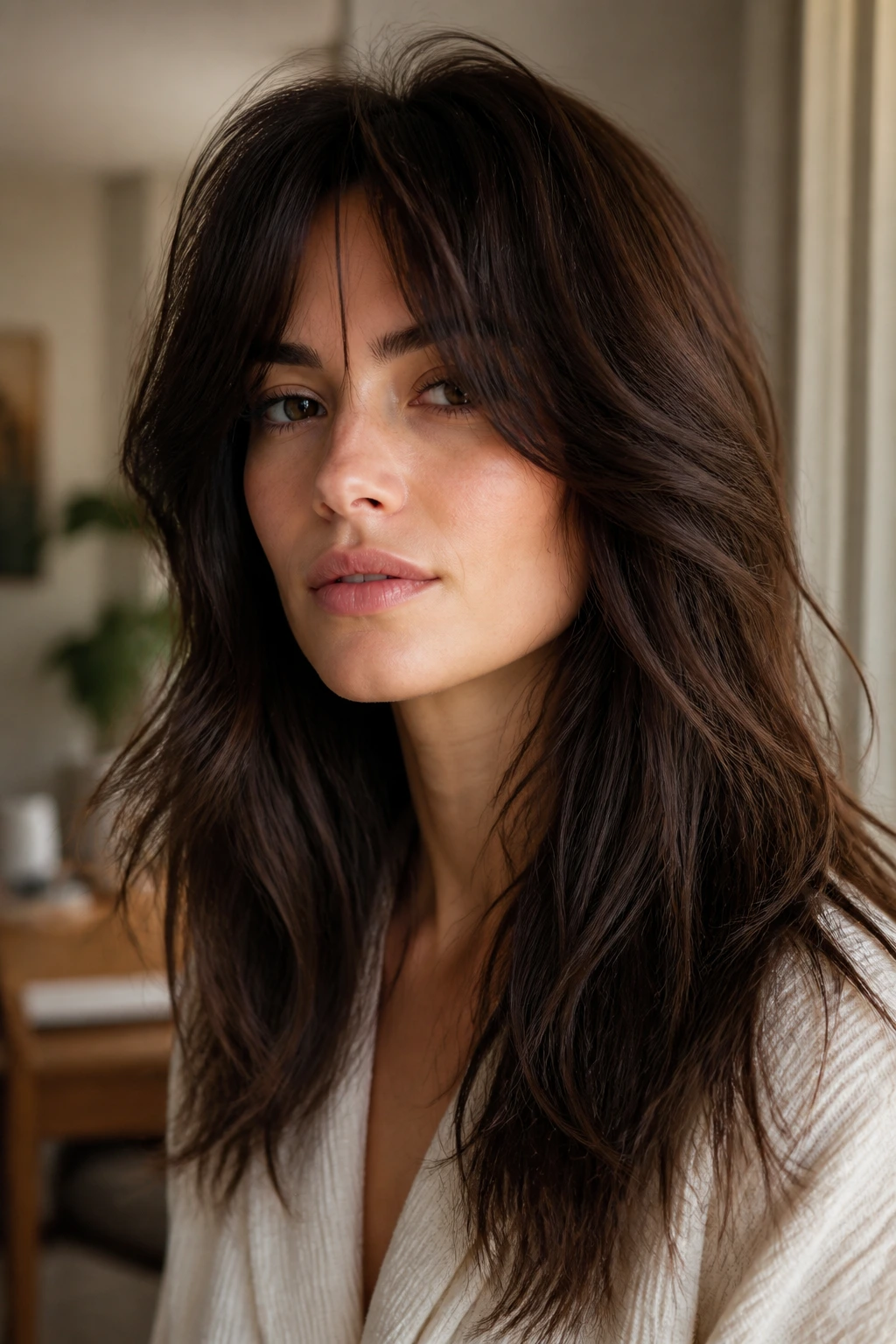 Close-up of textured long shag hairstyle on a real person with layered mids for thick hair