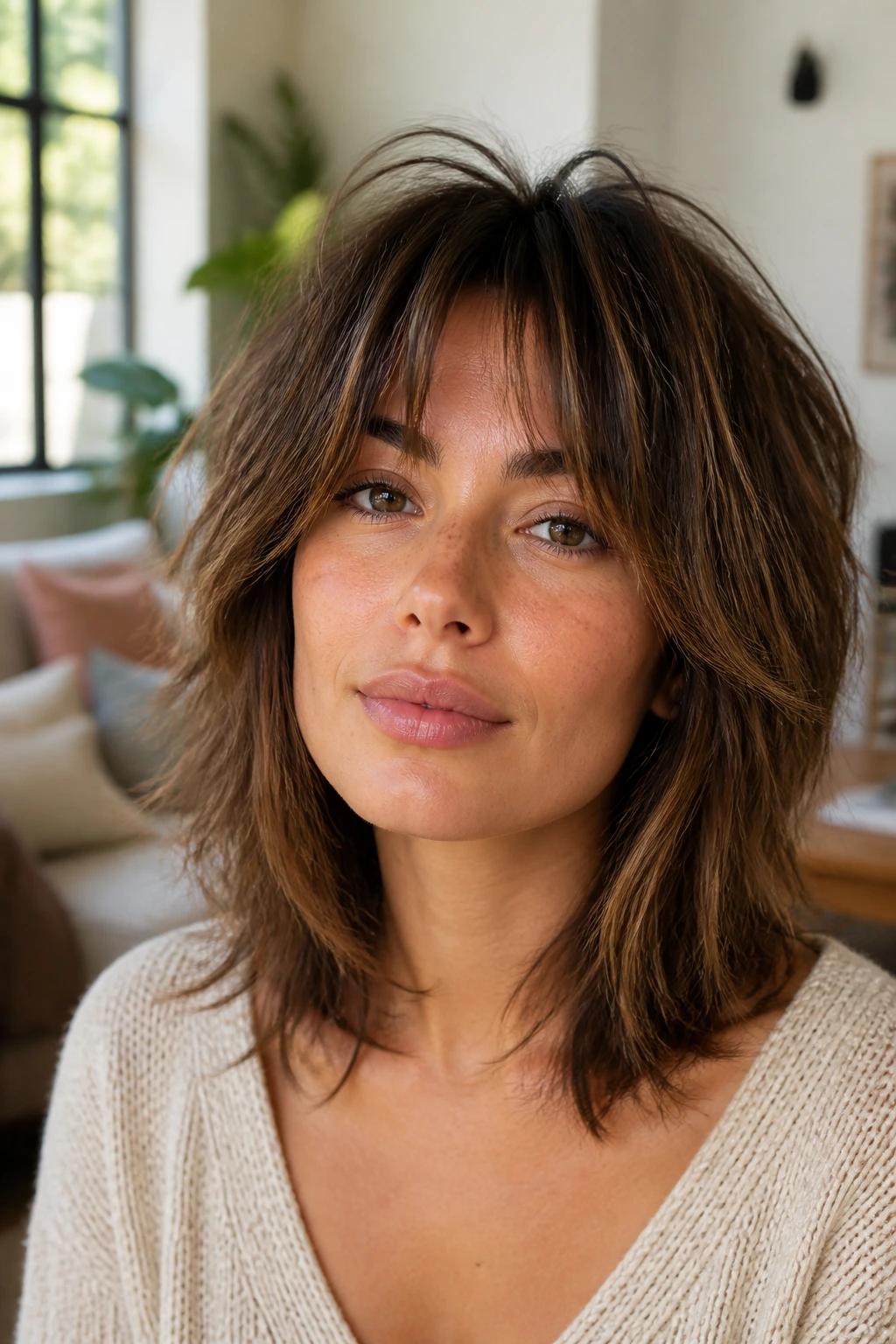 Close-up of a real woman with a textured mid-length shag showing voluminous razor-cut ends