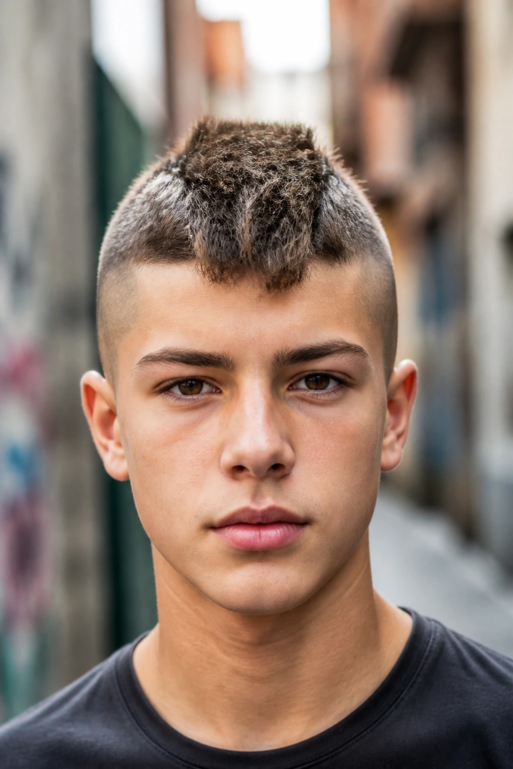 Close-up of a teen with a textured Mohawk and tapered sides.