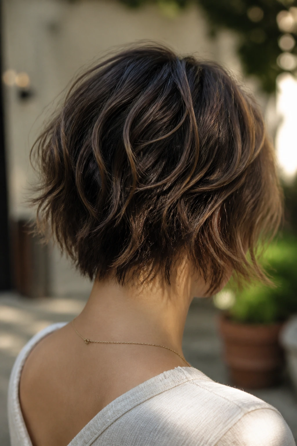Back view of real woman with textured piecey nape