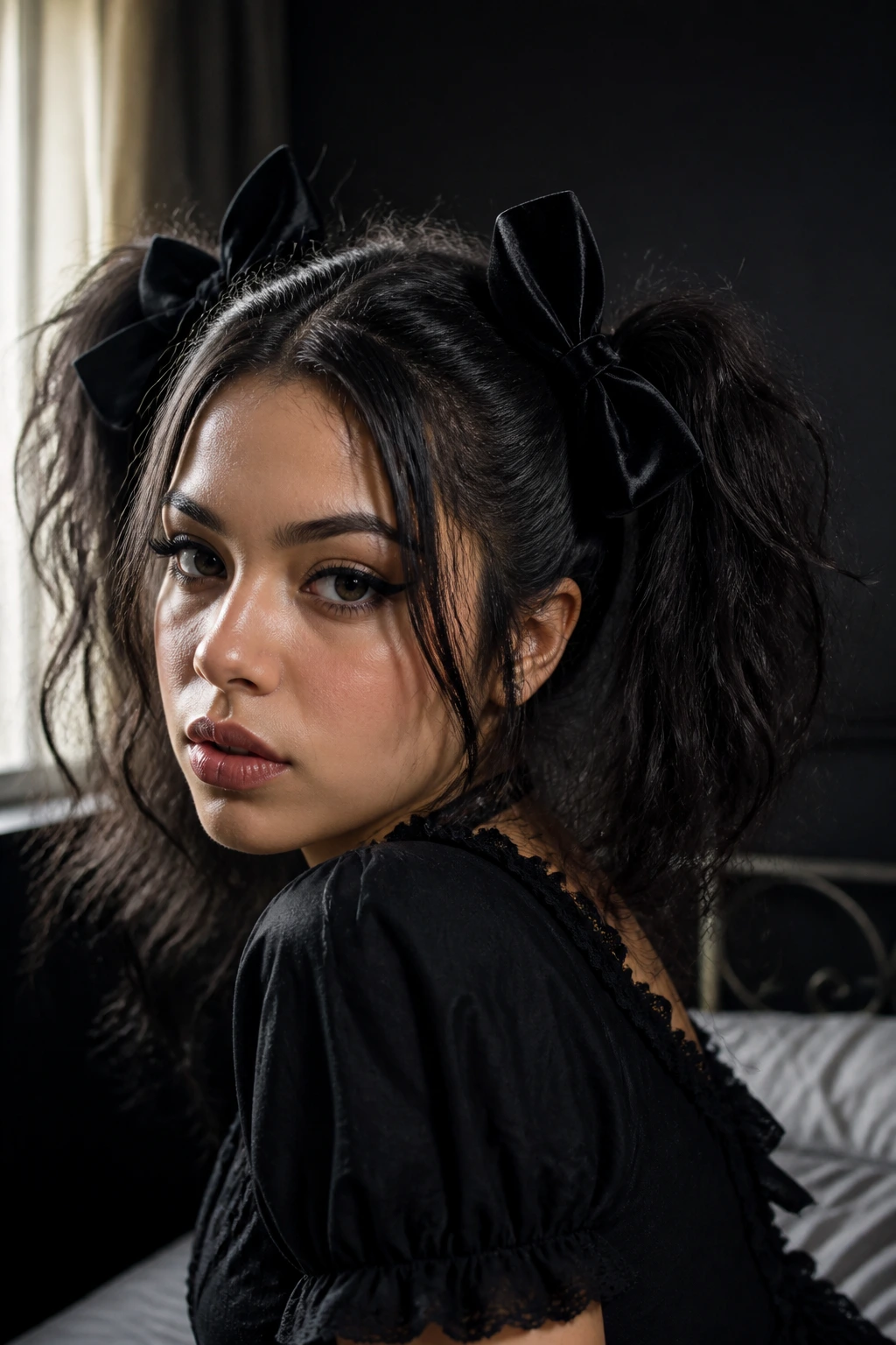 Latina woman with textured pigtails tied with black velvet bows