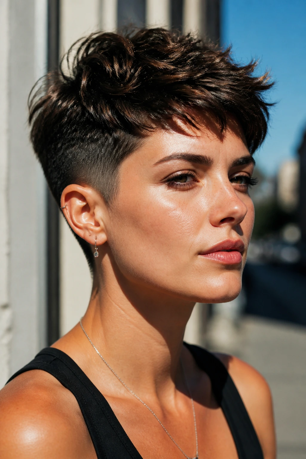 Close-up portrait of a woman with a textured pixie hairstyle
