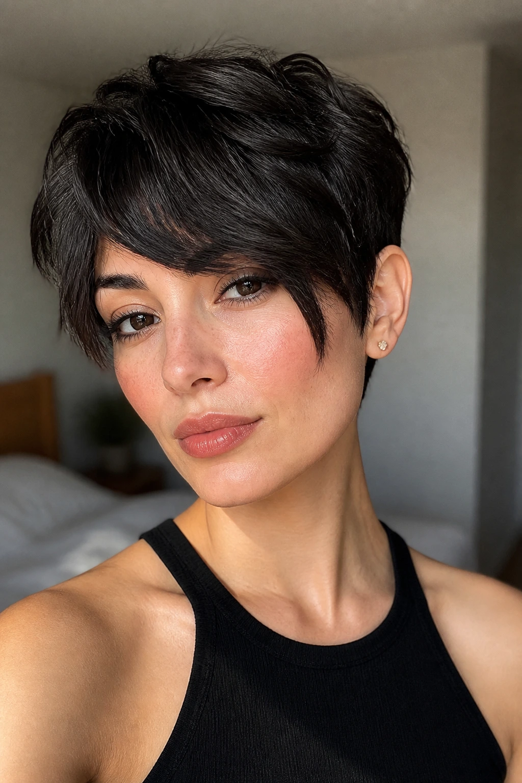 Close-up portrait of a real woman with a textured pixie and long wispy bangs in warm window light