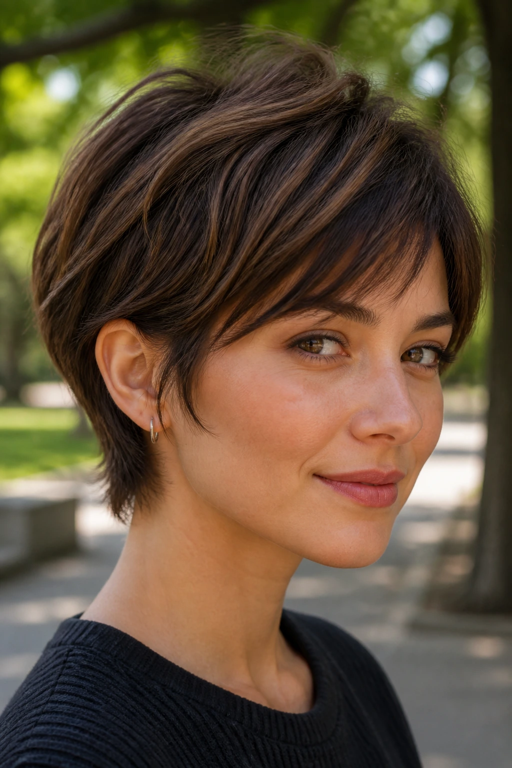 Real-person portrait of textured neck-length pixie-bob in park light