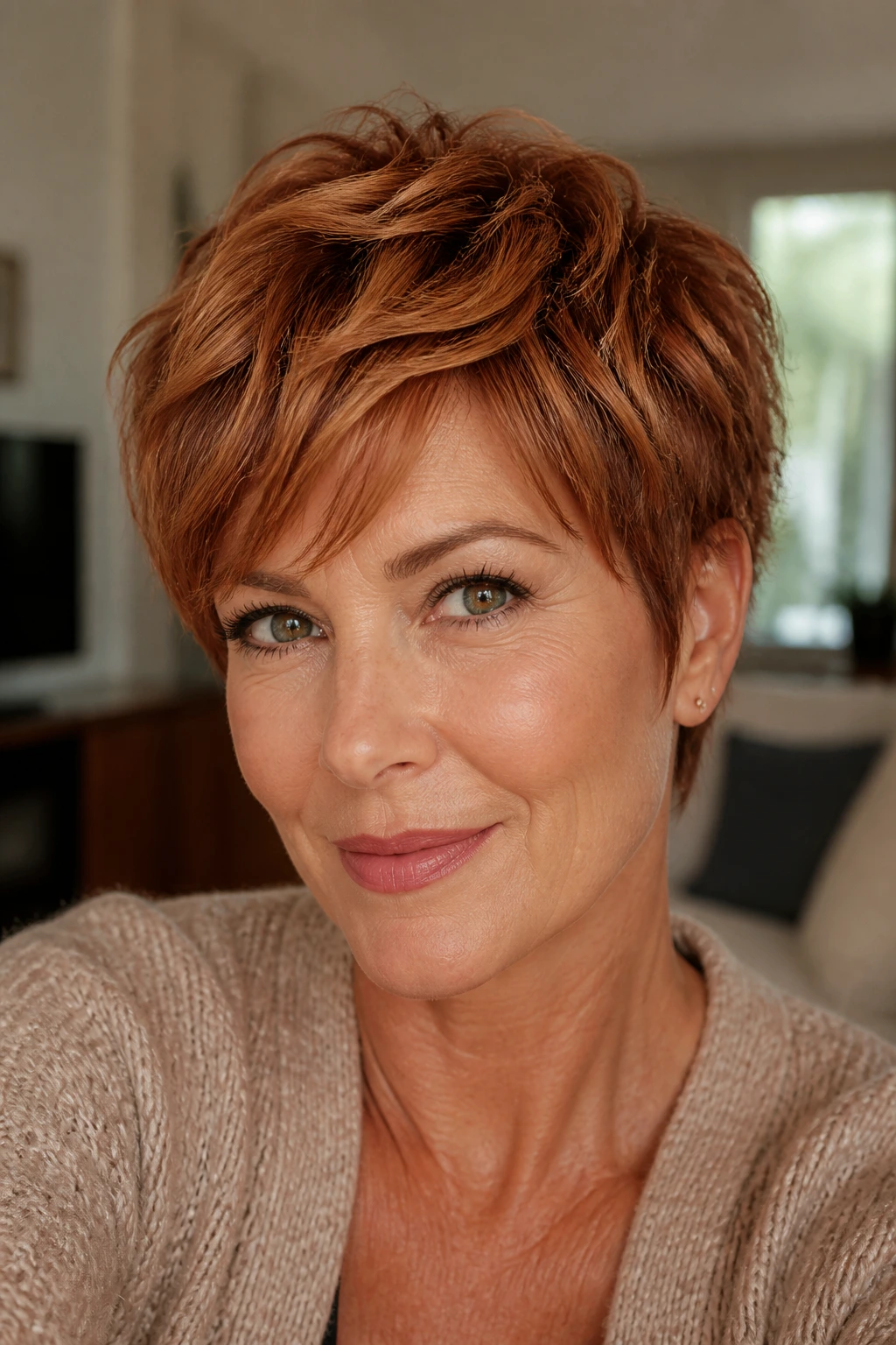 Close-up of a real woman with textured pixie and copper lowlights