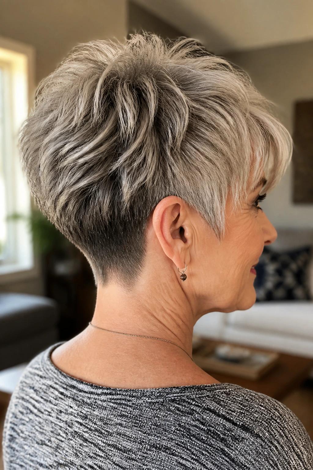 Portrait of a real woman with textured pixie and undercut at the neck