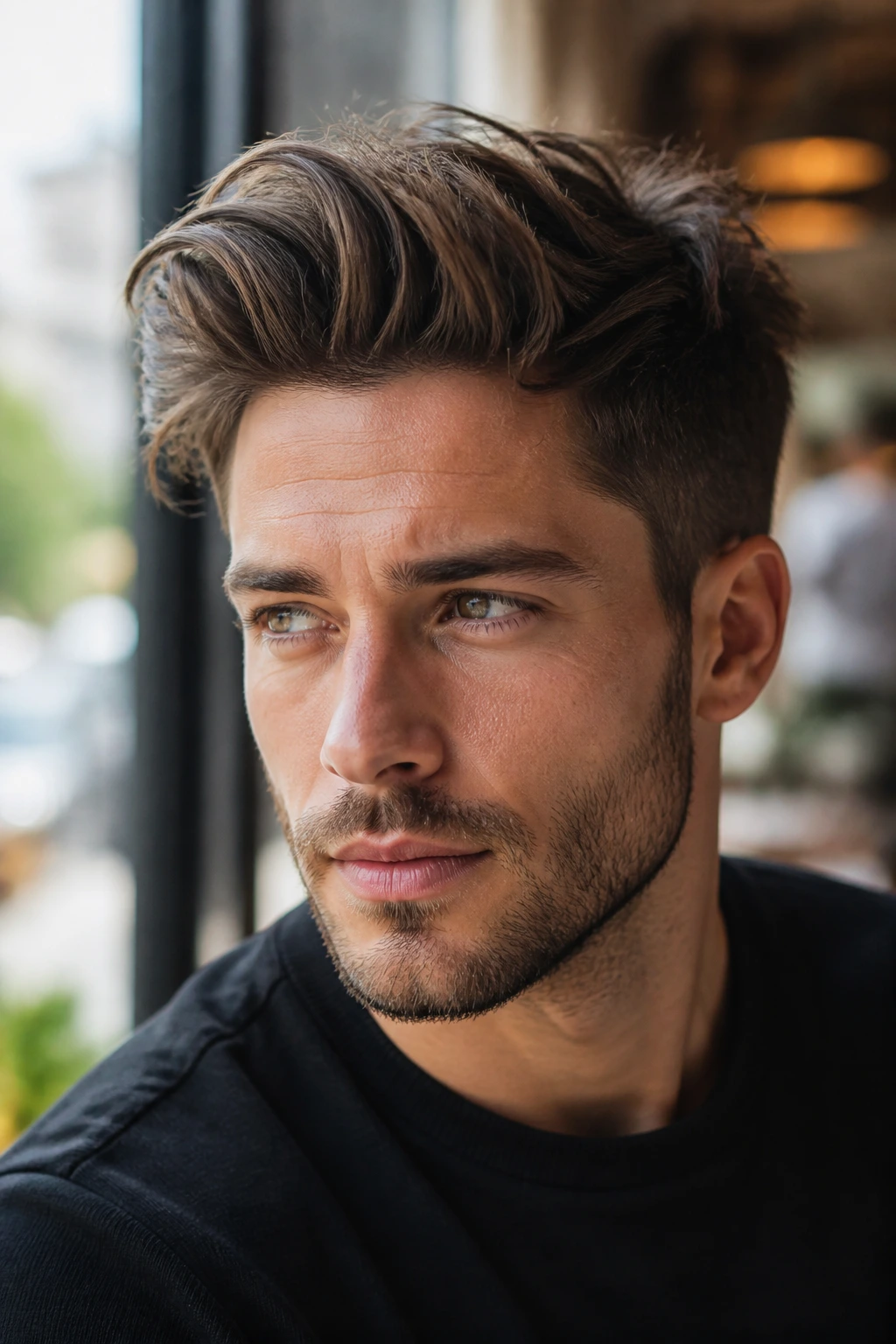 Close-up of a man with a textured matte pompadour in a sunlit cafe.