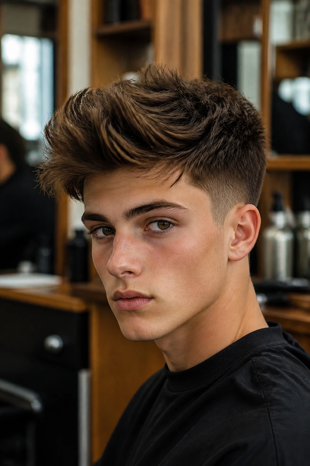Close-up of a teenage boy with a textured pompadour in a barbershop setting
