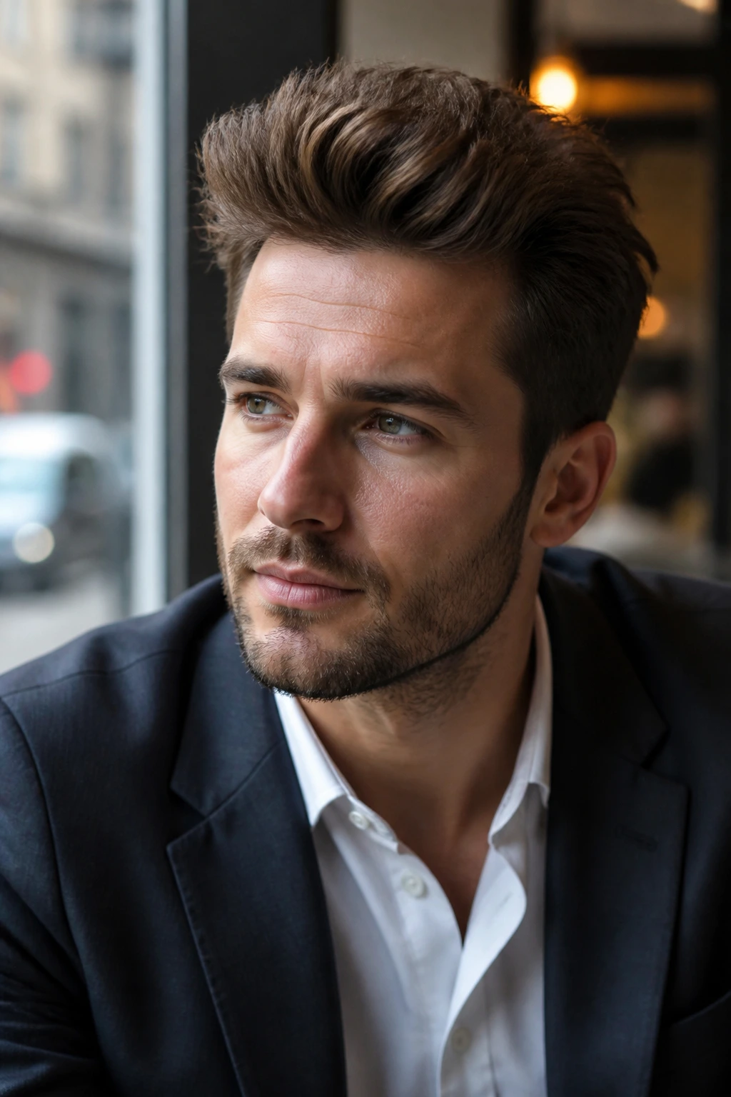 Portrait of a man with a textured quiff in a cafe window seat setting.