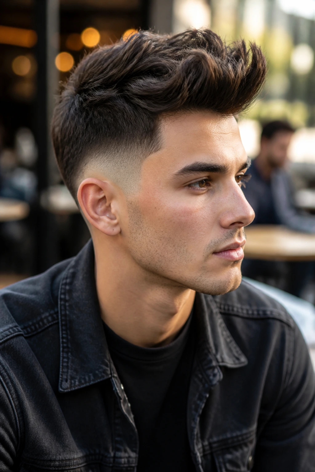 Close-up portrait of a man with textured messy quiff and high taper sides outdoors