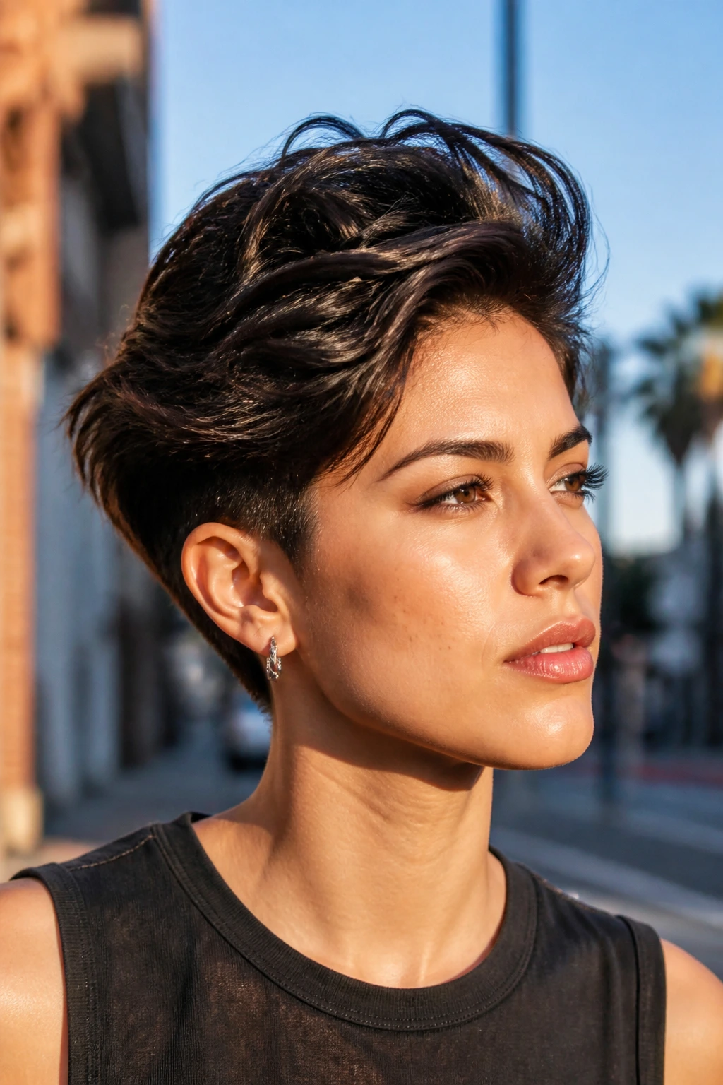 Close-up portrait of a real person with a textured matte quiff outdoors