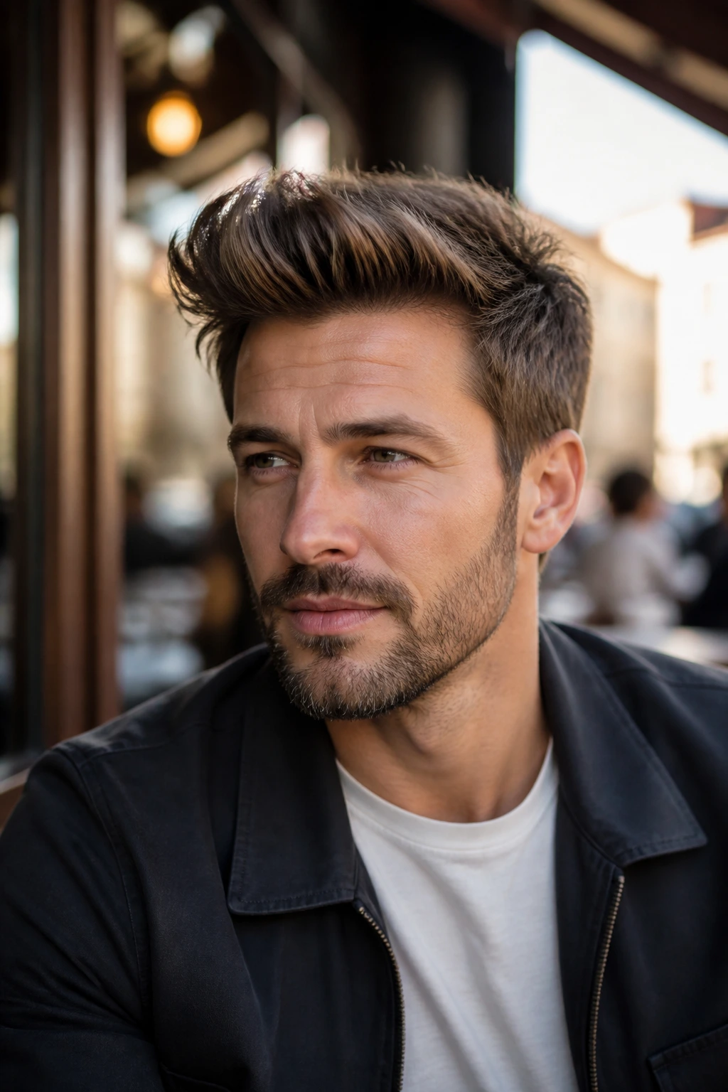 Close-up portrait of a man with a textured quiff hairstyle in outdoor lighting
