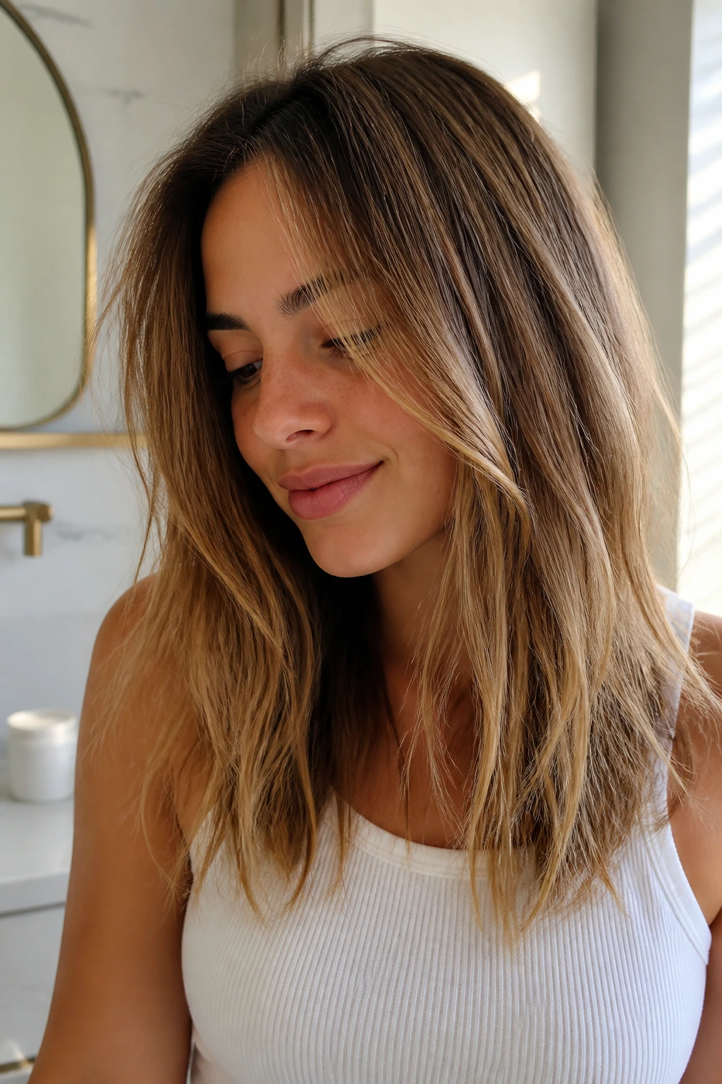 Close-up of a real woman with textured scrunched ends on straight hair
