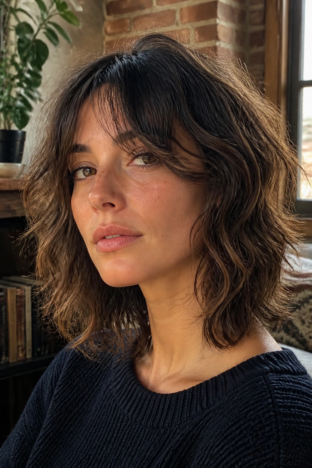 Portrait of a woman with a textured shag bob and long curtain bangs in a sunlit room.