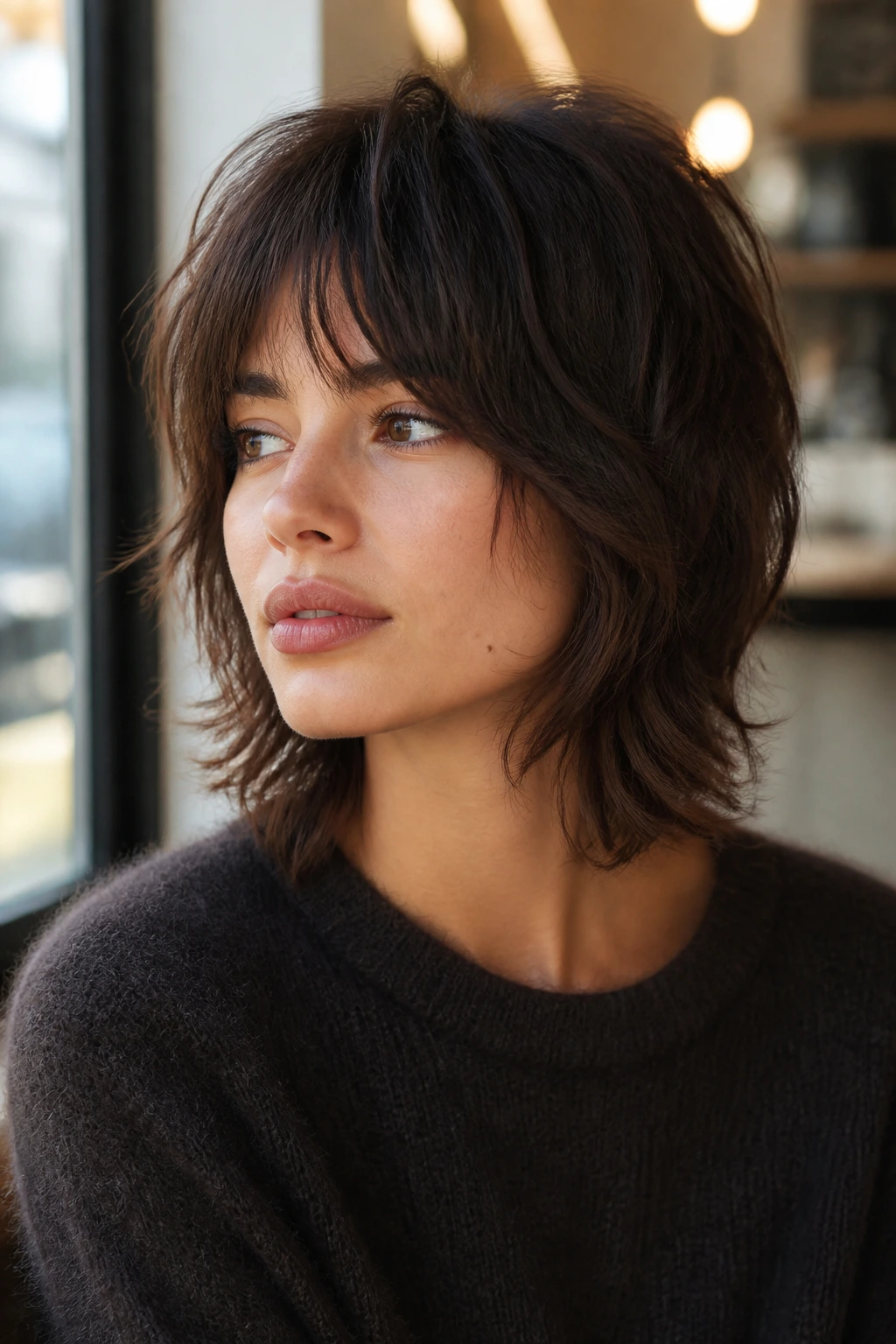 Close-up of brunette with textured Parisian shag and face-framing pieces.