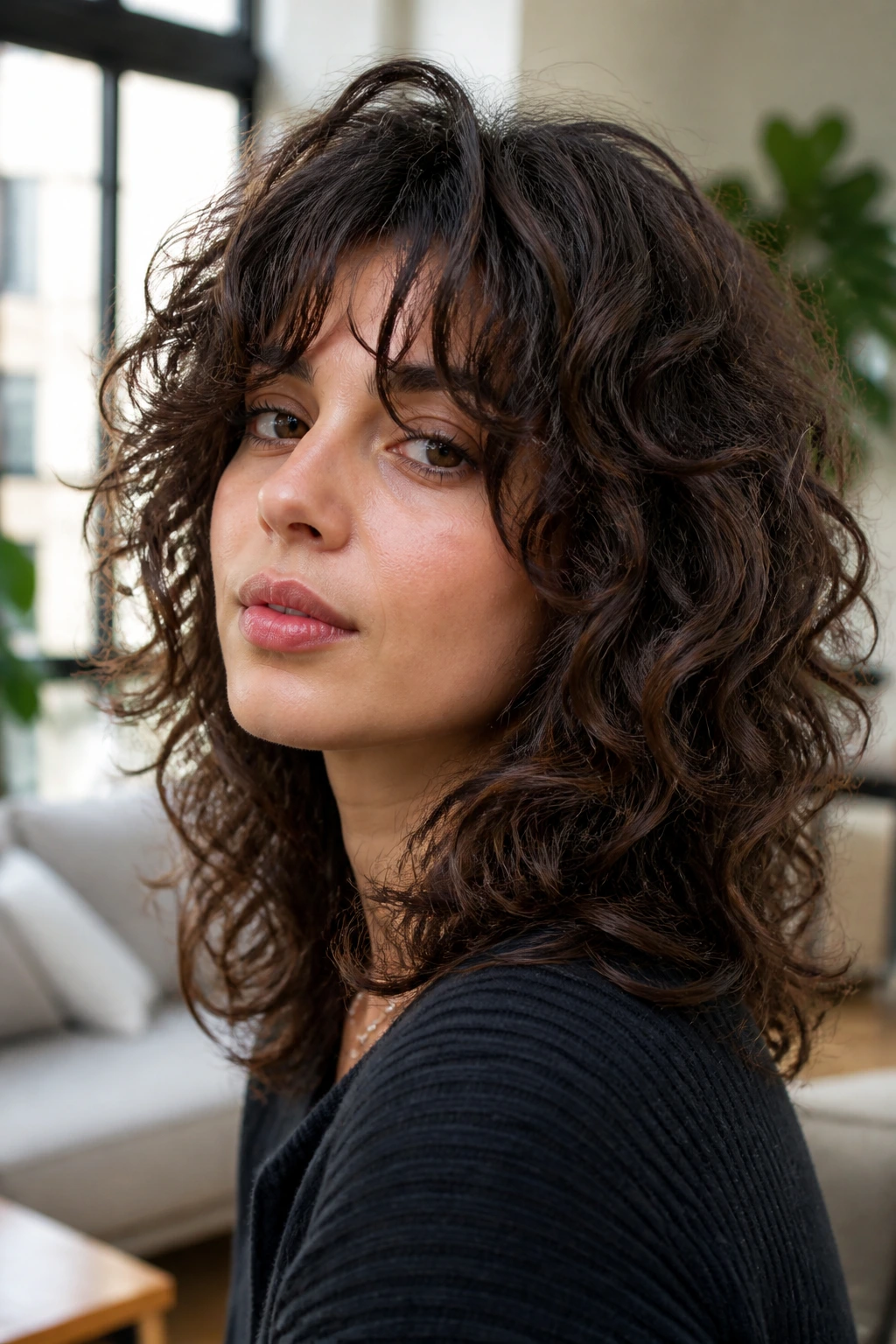 Close-up of real person with textured shag curls and curtain bangs