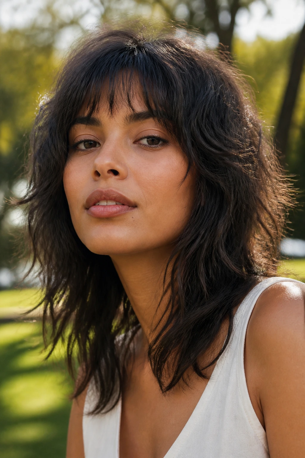 Close-up of a real woman with a textured mid-length shag in sunlit park