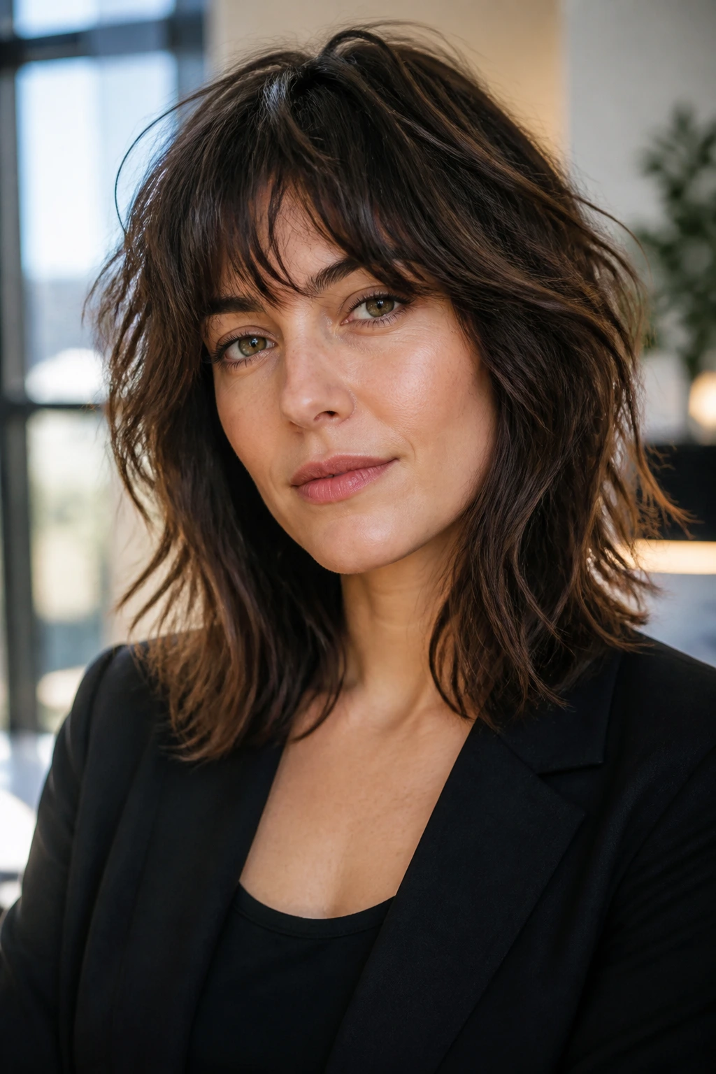Close-up of a real woman with a shoulder-length textured shag in office lighting