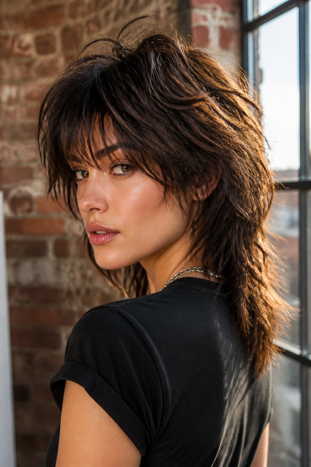 Portrait of a real woman with a textured shag V-cut hairstyle featuring volume at the crown.