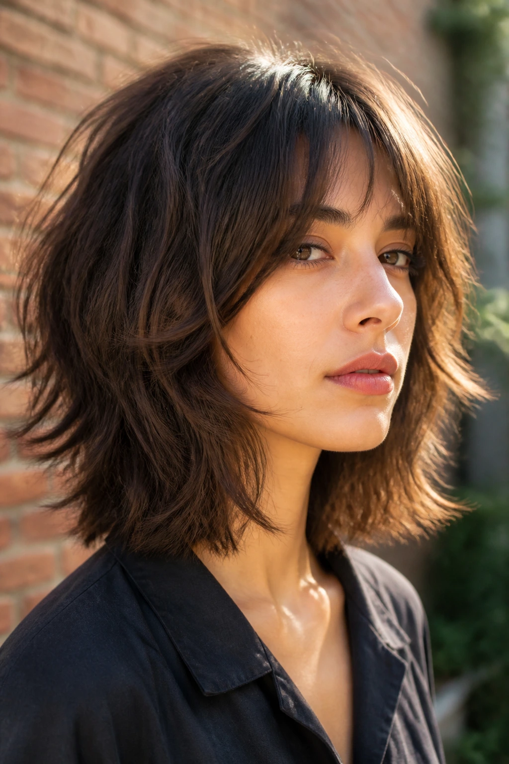 Portrait of person with textured shoulder-length wedge hairstyle in outdoor urban setting