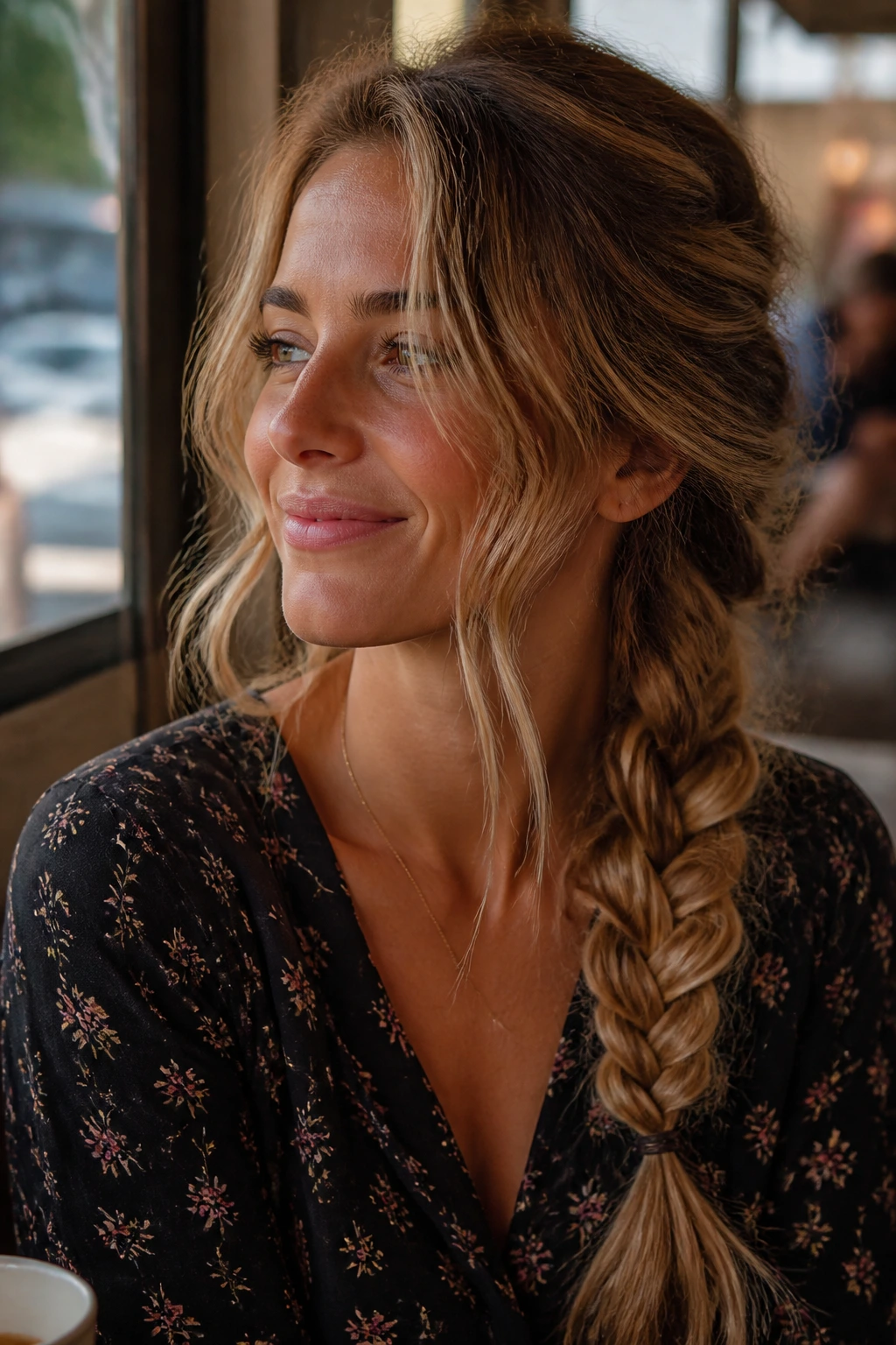 Close-up of a real woman with a textured side braid on one shoulder