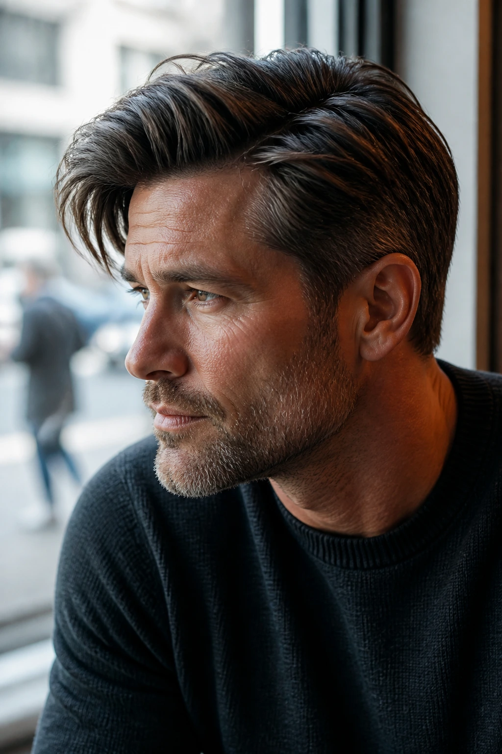 Portrait of a man with textured side-swept hair in a cafe setting.