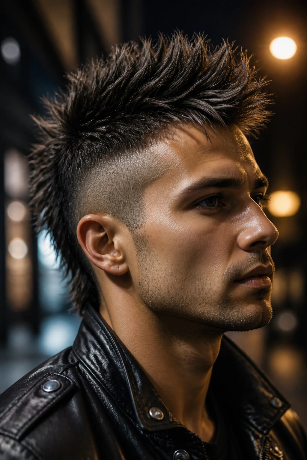 Person with textured spiked mohawk under urban streetlights.