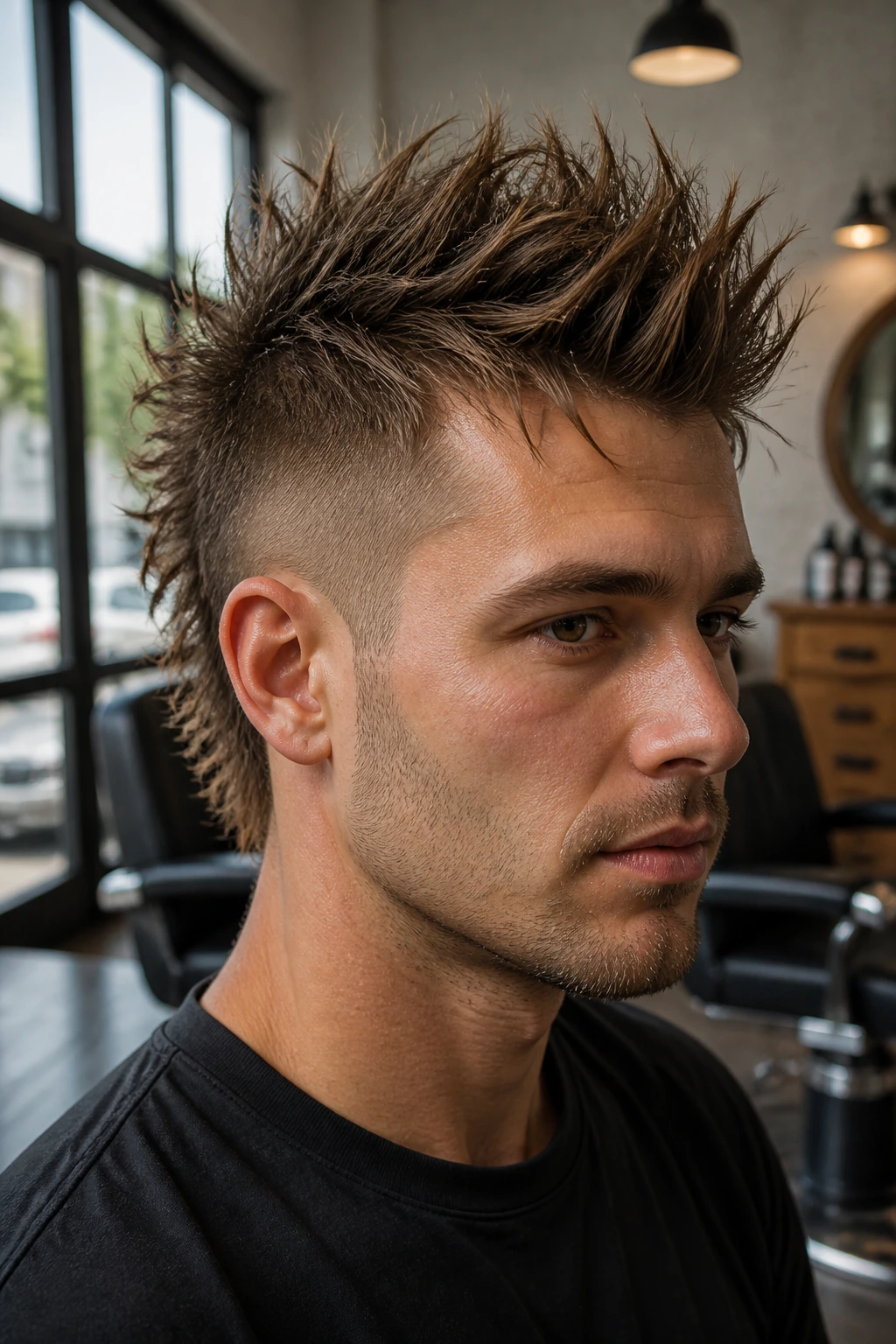 Close-up of The Textured Spiky Fohawk with jagged peaks on a real person.