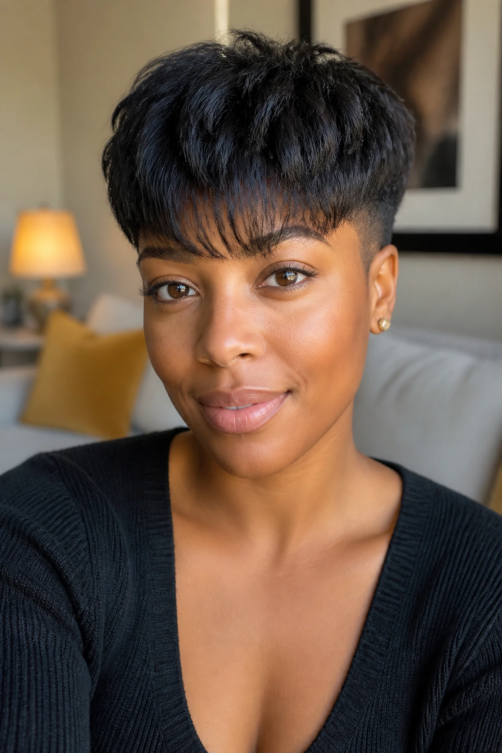 Close-up of a real woman with a textured taper and bangs