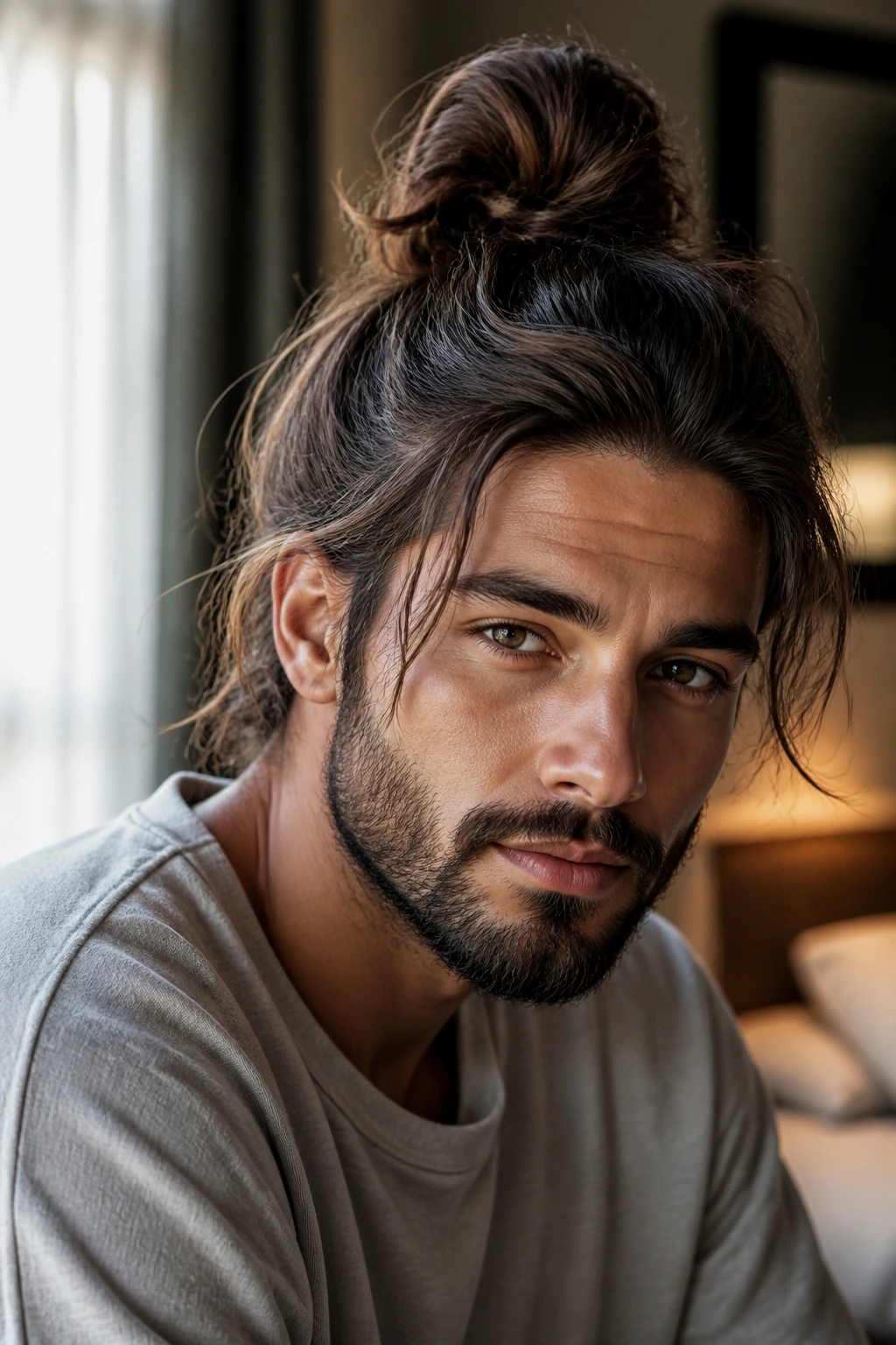 Close-up portrait of a man with a textured top knot and loose strands around the face, in natural window light.