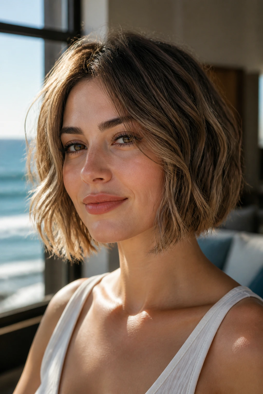 Close-up portrait of a real woman with textured wavy A-line bob