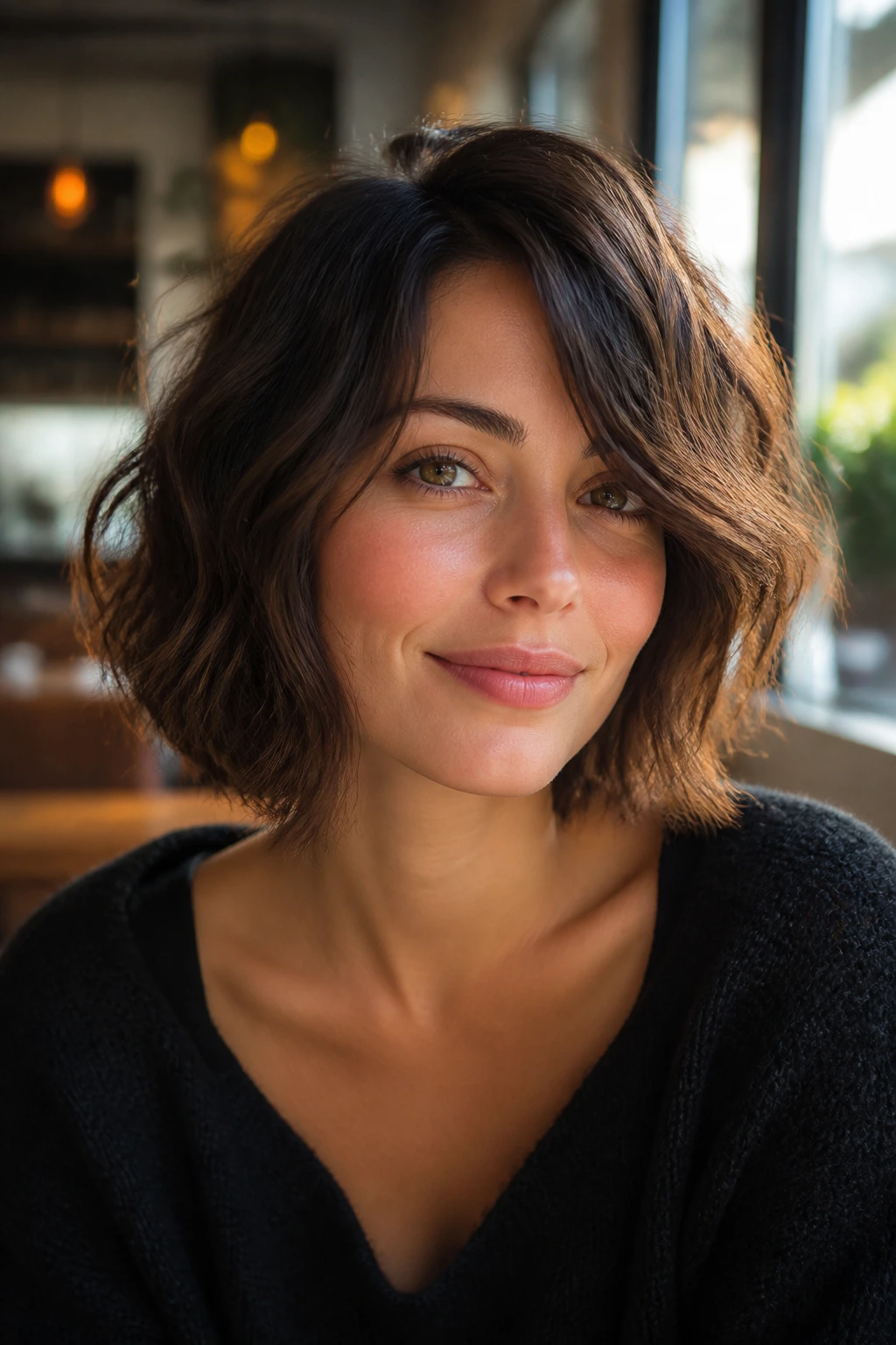 Close-up portrait of a real woman with a textured wavy bob