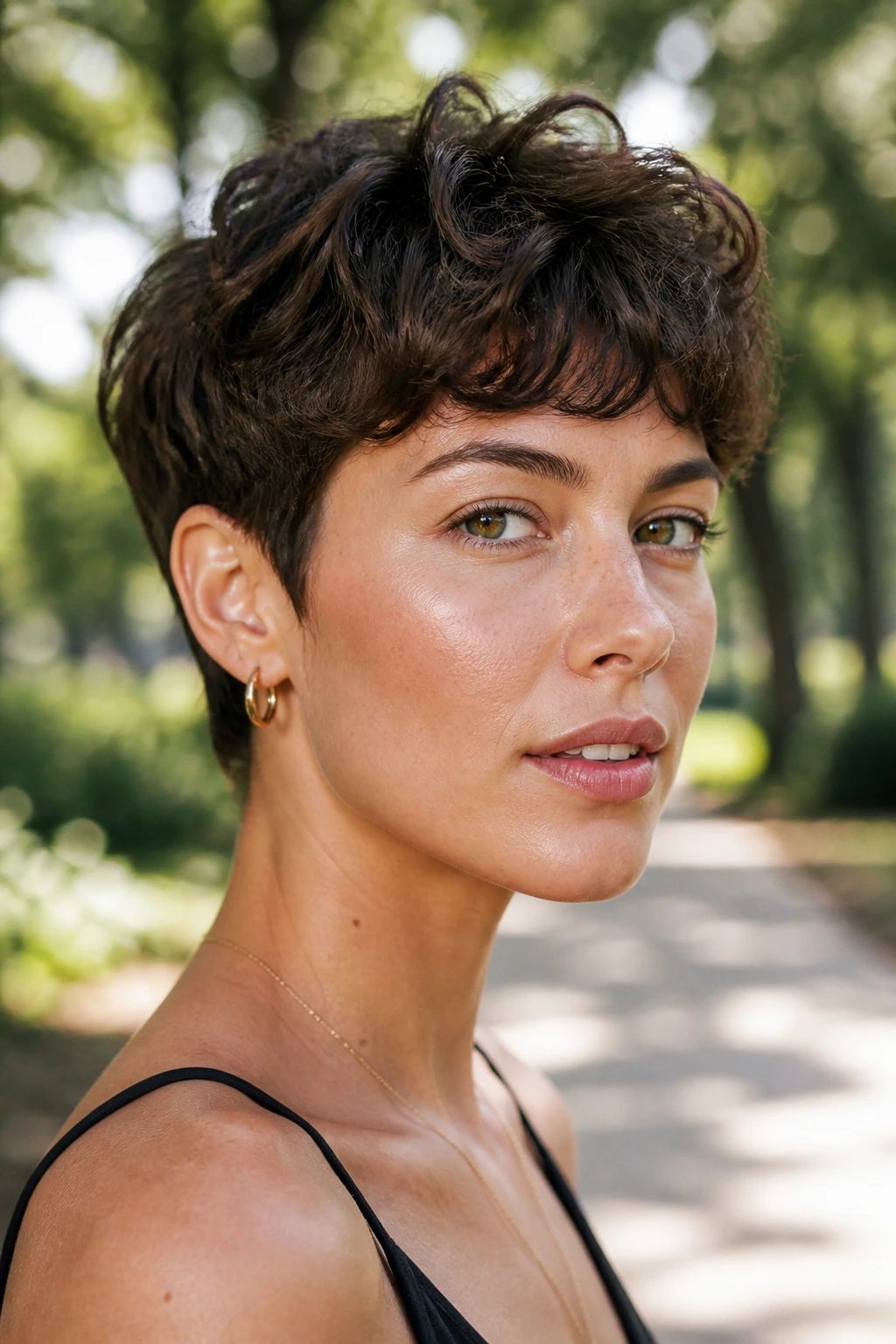 Close-up of a real person with a short textured wavy crop in natural daylight