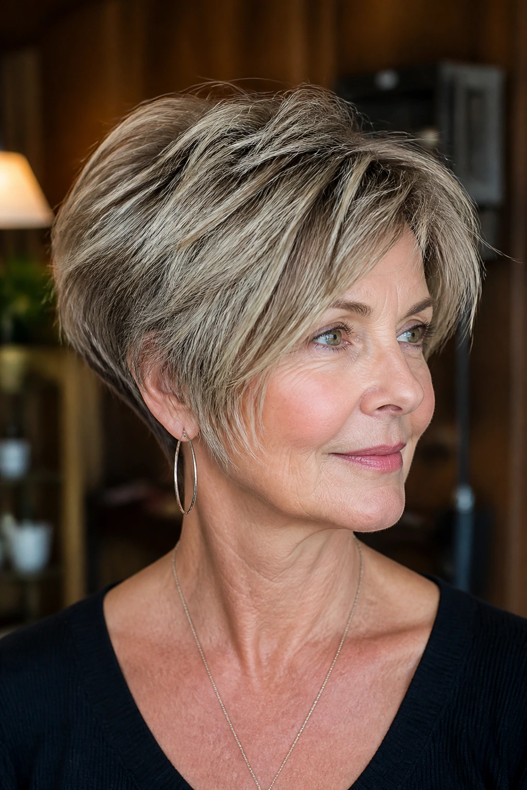 Close-up of a real woman with a textured wedge haircut
