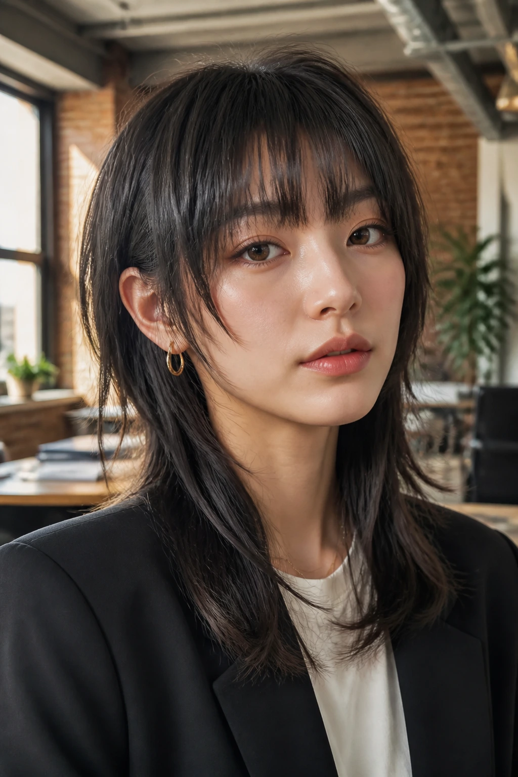 Close-up of a woman with a textured wolf mullet in a creative office setting