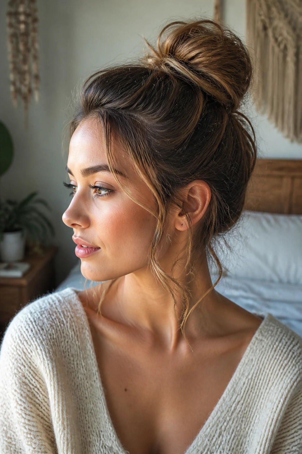 Portrait of a woman with a textured high bun.