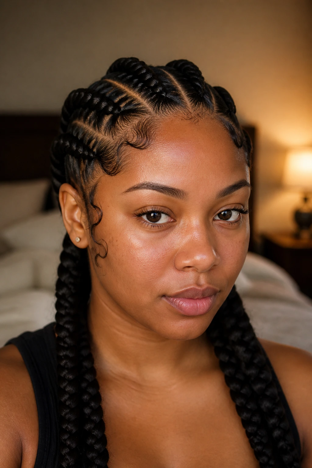 Woman with thick braids and curled perimeter edges.