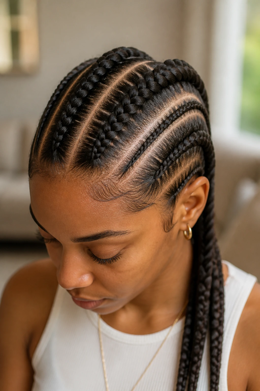 Close-up of four cornrows with two thick and two thin braids on a real person