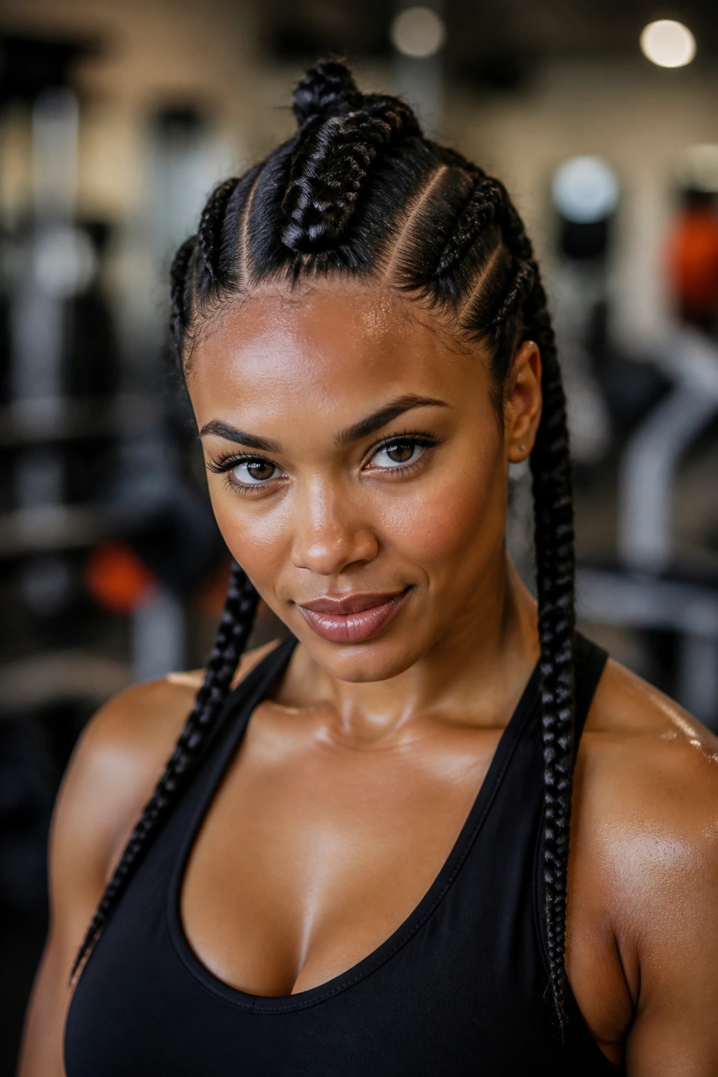 Close-up of a real woman showing three distinct cornrows: two small side braids and a large center braid, during workout.