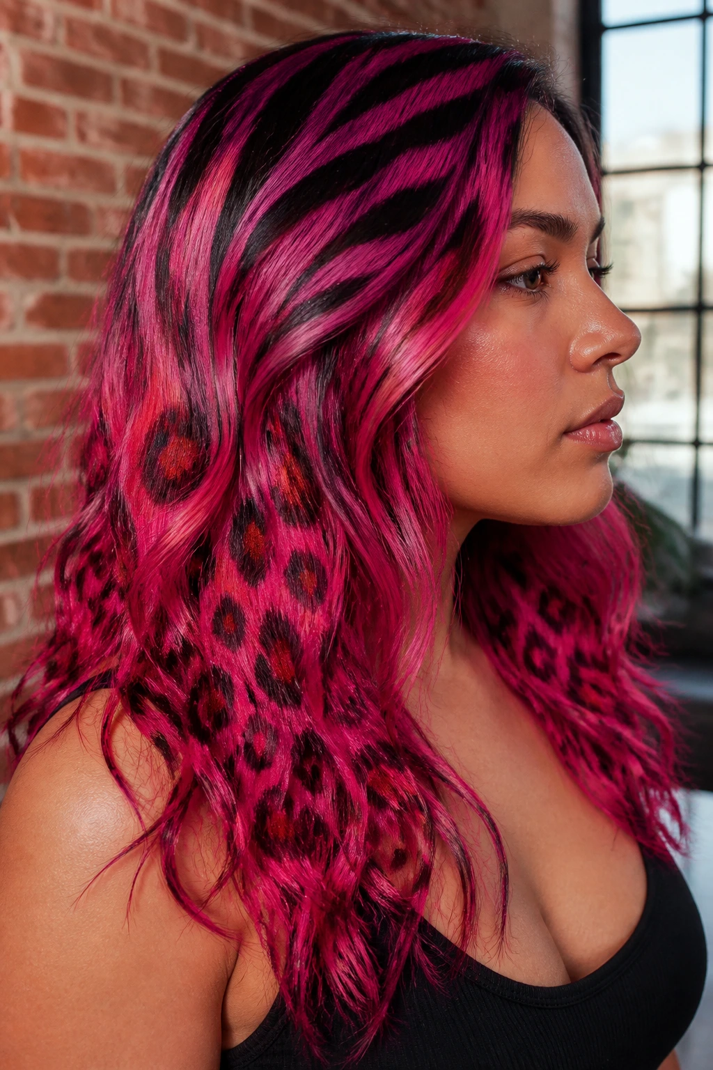 Real person with tiger-leopard hybrid hair blending neon pink stripes and leopard rosettes