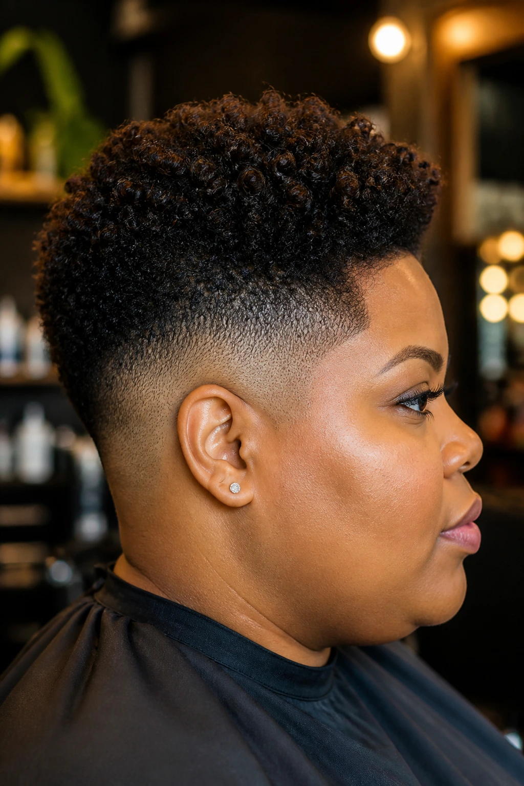 Close-up portrait of a real person with a tight-coiled fade in a barber shop
